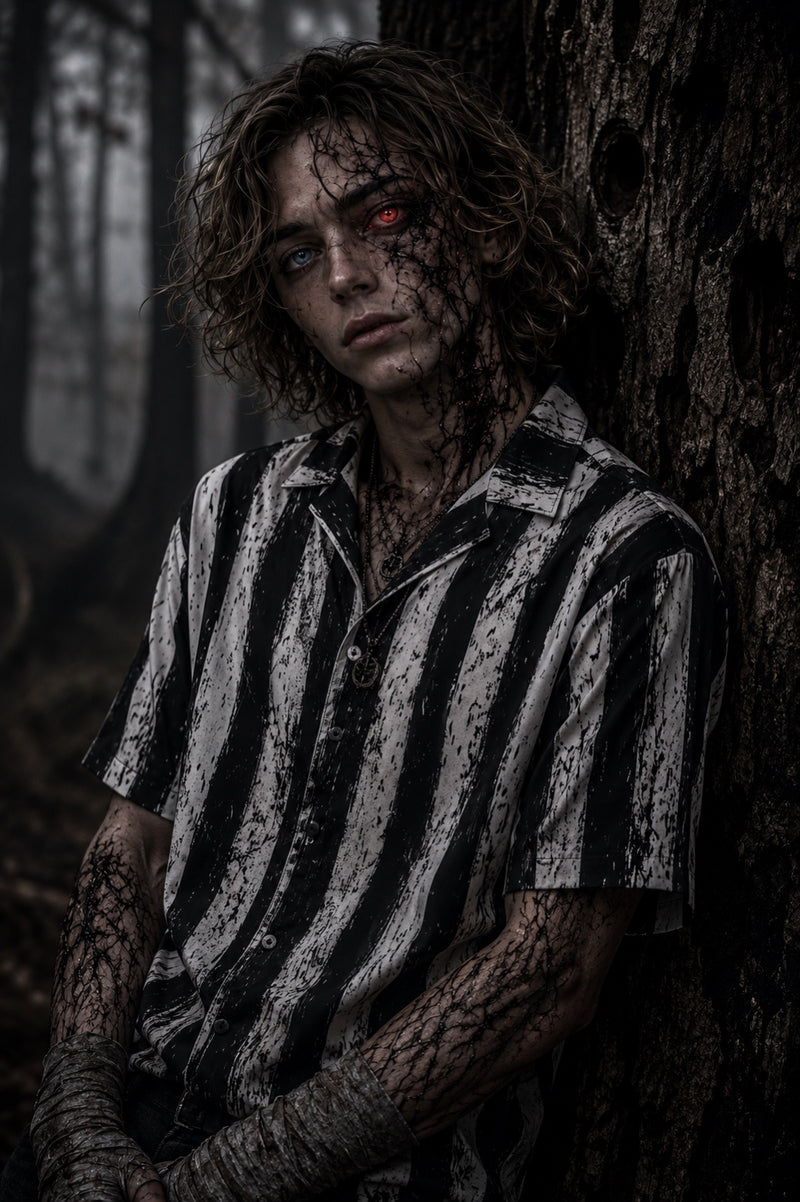Black Parade Button-Up Shirt – Dark Resort Wear Horror Black & White Vertical Stripe Shirt