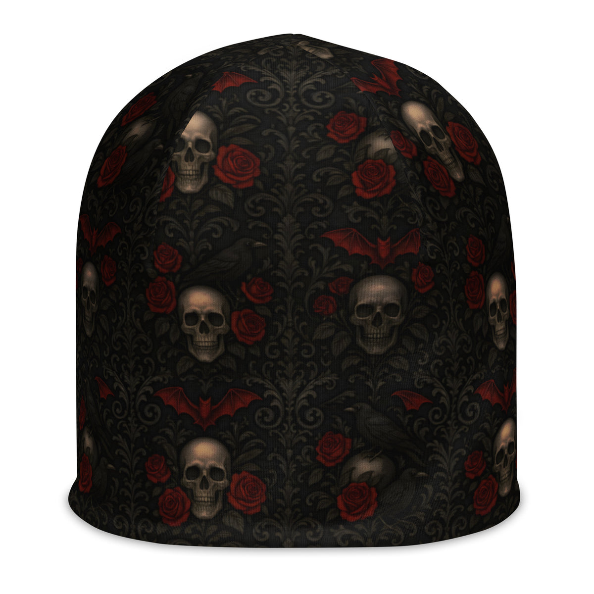 Crimson Mourning beanie featuring an all-over Victorian funeral flower pattern from the Funeral Garden collection.