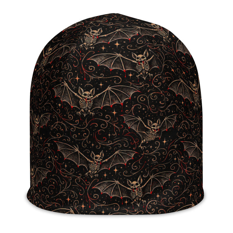 Nocturnal Requiem beanie featuring an all-over vampire bat pattern from the Children of the Night collection.