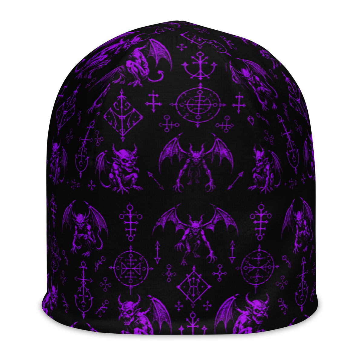 Purple Fifth Circle beanie featuring an all-over demon bat pattern inspired by the infernal circle of wrath.