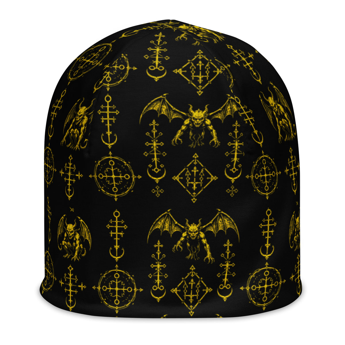 Yellow Sixth Circle beanie featuring an all-over hellspawn guardian pattern inspired by the burning tombs of Hell.