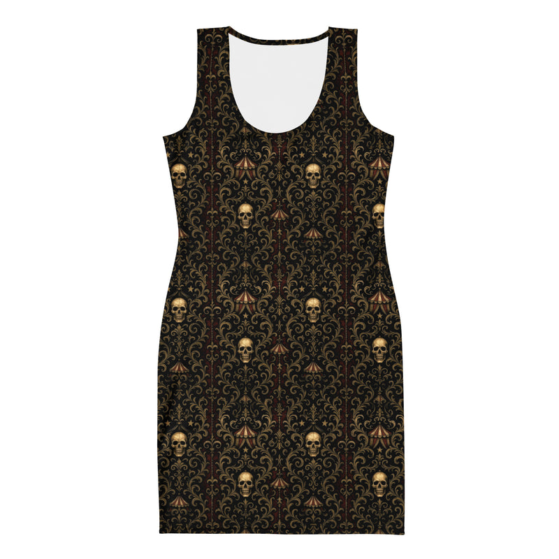 Midway of Death bodycon dress featuring an all-over haunted carnival pattern from The Last Carnivale collection.