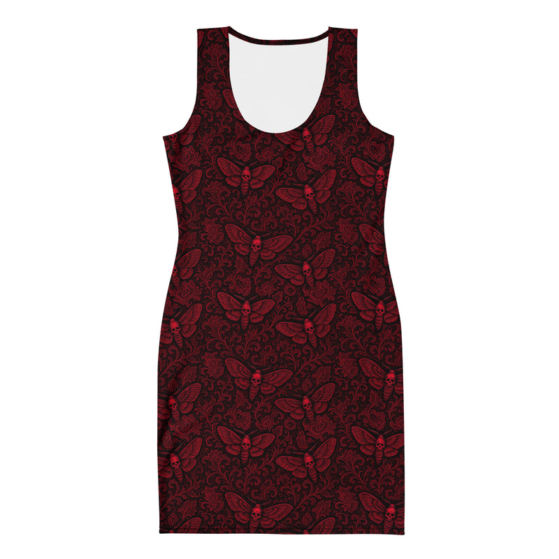 Red Soul’s Messenger bodycon dress featuring an all-over death moth pattern from the Children of the Night and Memento Mori collections.