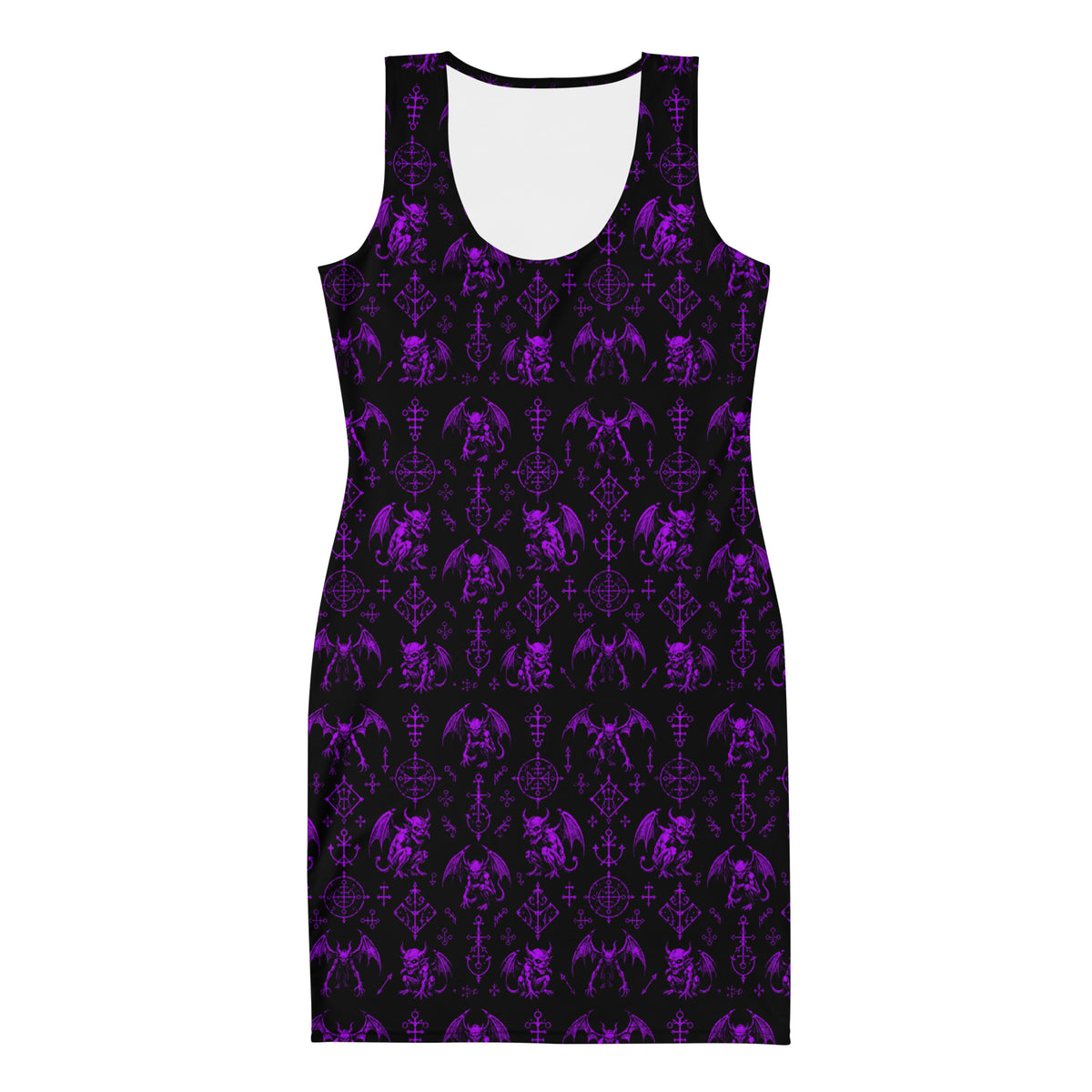 Purple Fifth Circle bodycon dress featuring an all-over demon bat pattern inspired by the infernal circle of wrath.