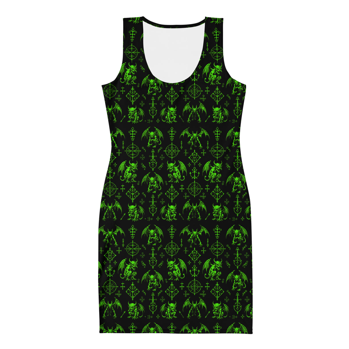 Green Fifth Circle bodycon dress featuring an all-over demon bat pattern inspired by the infernal circle of wrath.