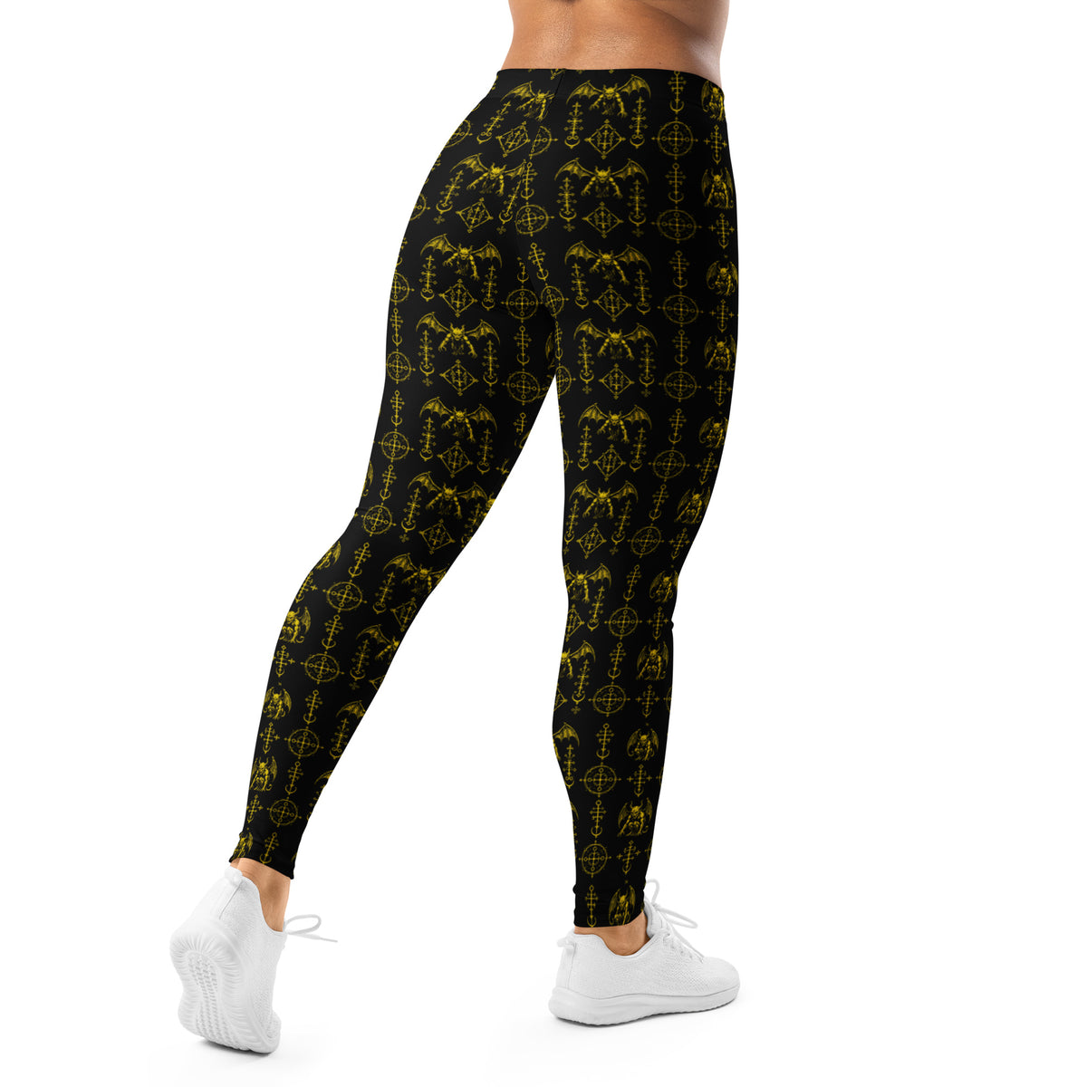 The Sixth Circle Yellow leggings featuring an all-over demon and hellfire horror pattern from the Demonology collection.