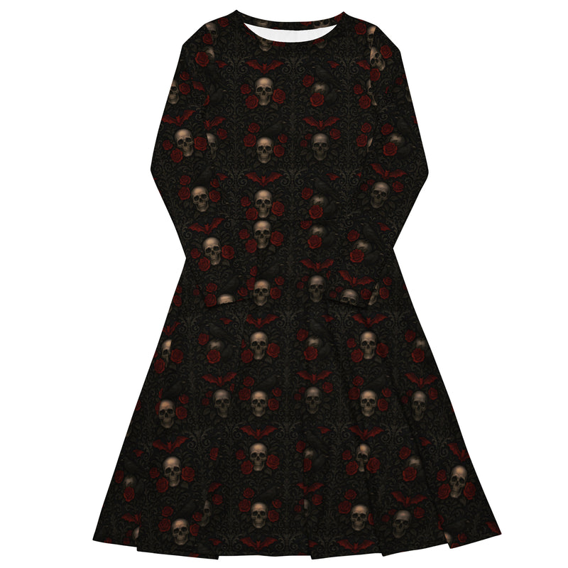 Crimson Mourning long sleeve midi dress featuring an all-over Victorian funeral flower pattern from the Funeral Garden collection.