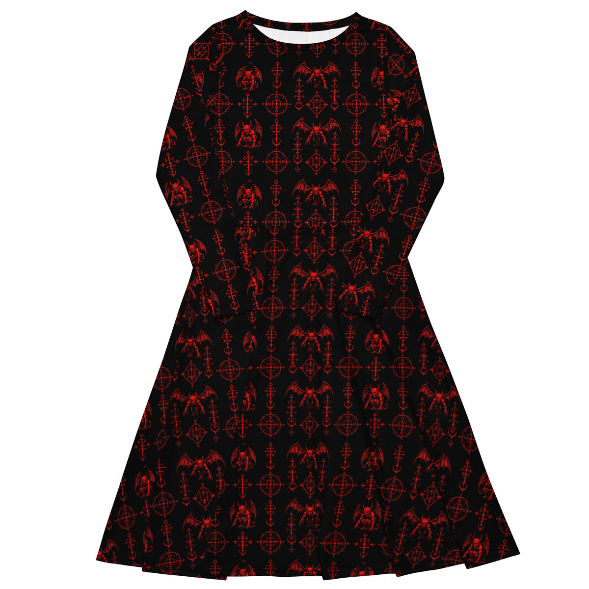 Red Sixth Circle long sleeve midi dress featuring an all-over hellspawn guardian pattern inspired by the burning tombs of Hell.