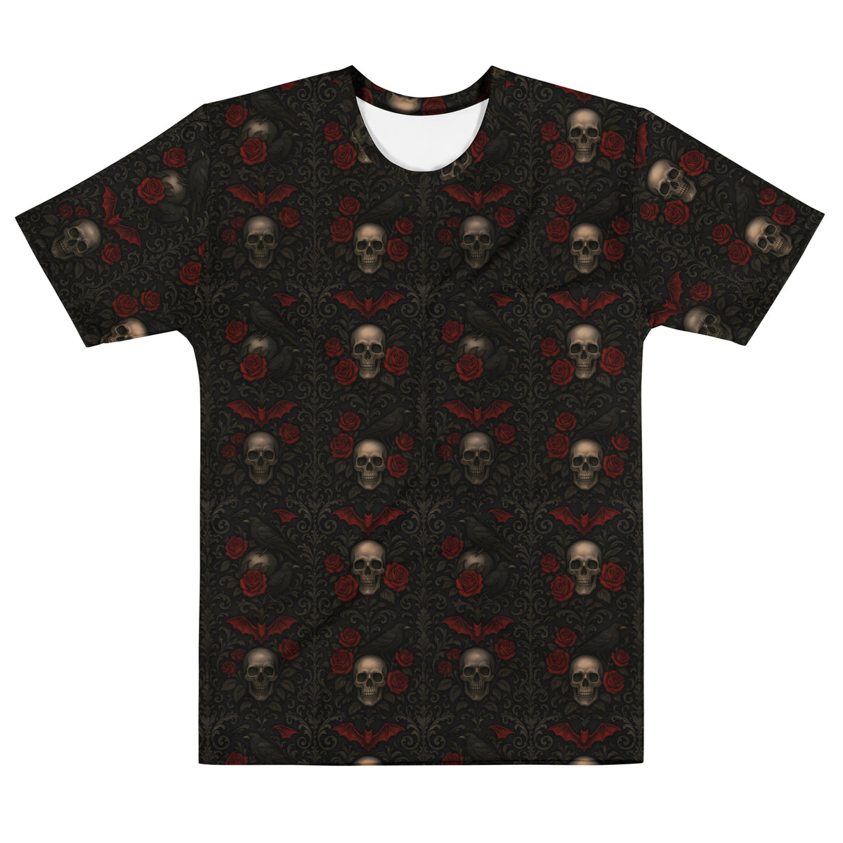 Crimson Mourning T-shirt featuring an all-over Victorian-inspired crimson rose pattern from the Funeral Garden Collection.