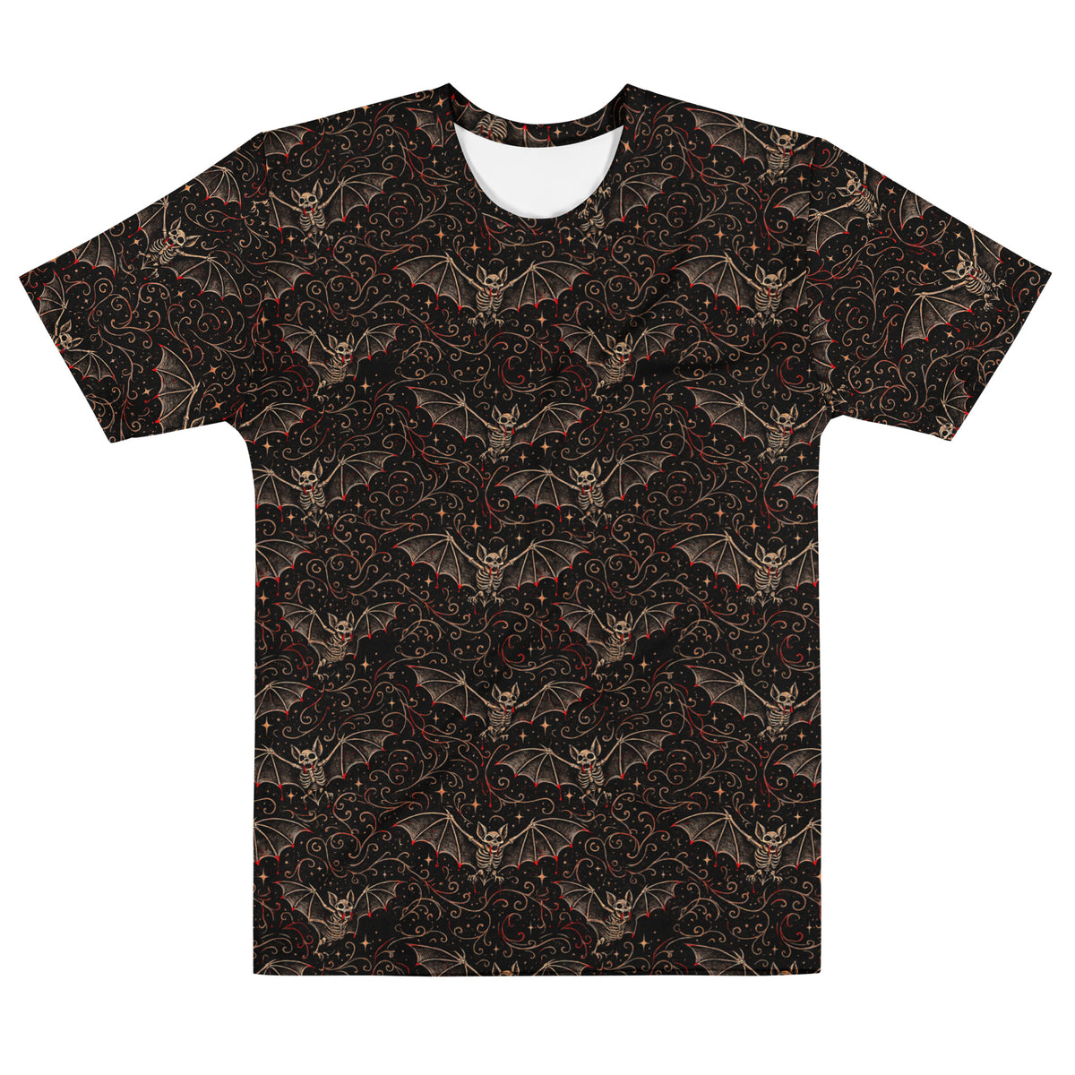 Nocturnal Requiem T-shirt featuring an all-over pattern of skeletal vampire bats inspired by Victorian natural history and the Children of the Night Collection.