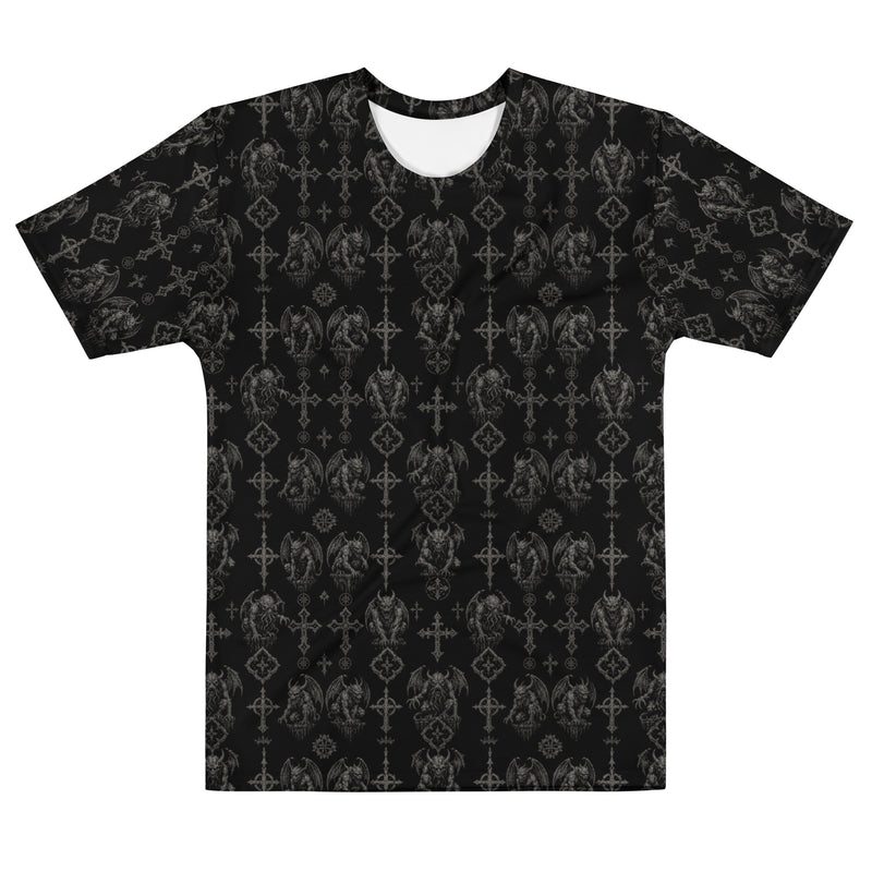 Wardens of Stone T-shirt featuring an all-over gargoyle pattern inspired by gothic architecture, demonology, and the Children of the Night Collection.