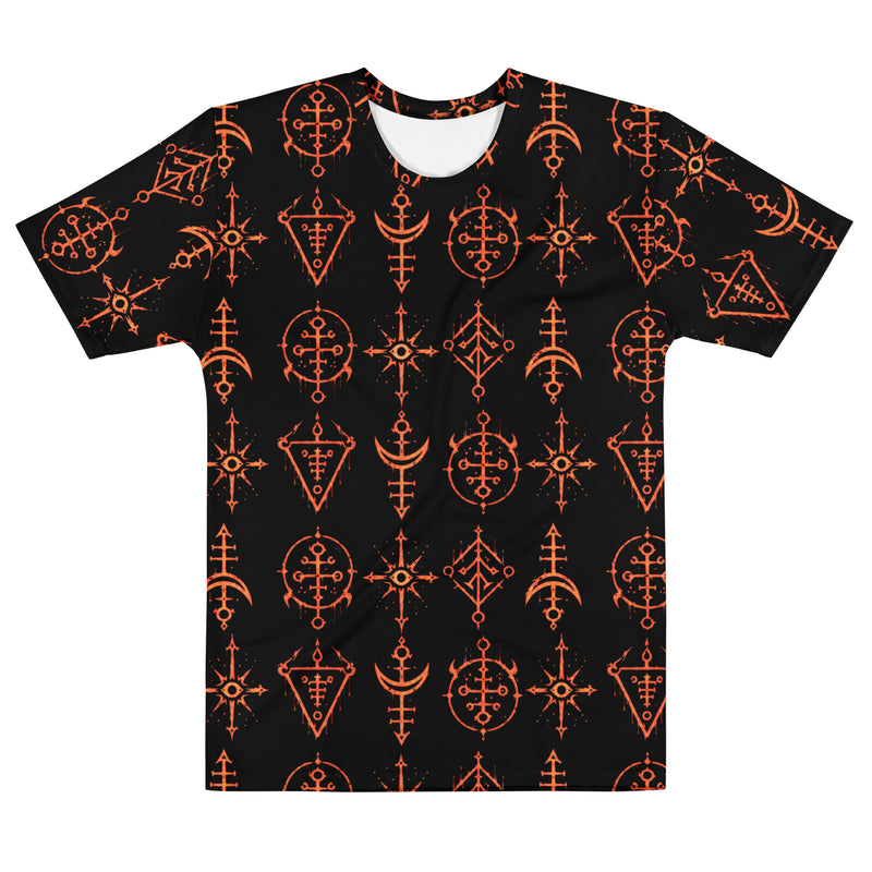 Infernal Invocation T-shirt featuring an all-over pattern of fiery occult ritual symbols inspired by demonology and ceremonial magic.