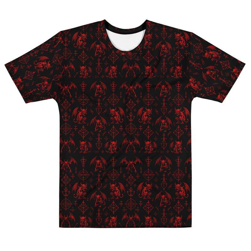 The Fifth Circle Red T-shirt featuring an all-over pattern of winged demons and occult ritual symbols inspired by infernal mythology and demonology.