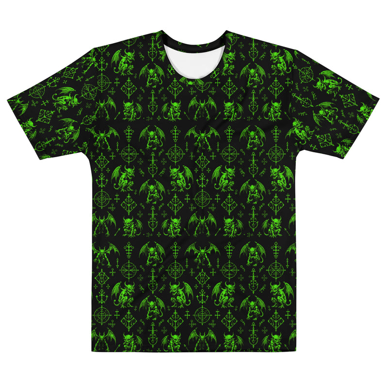 The Fifth Circle Green T-shirt featuring an all-over pattern of winged demons and occult ritual symbols inspired by infernal mythology and demonology.