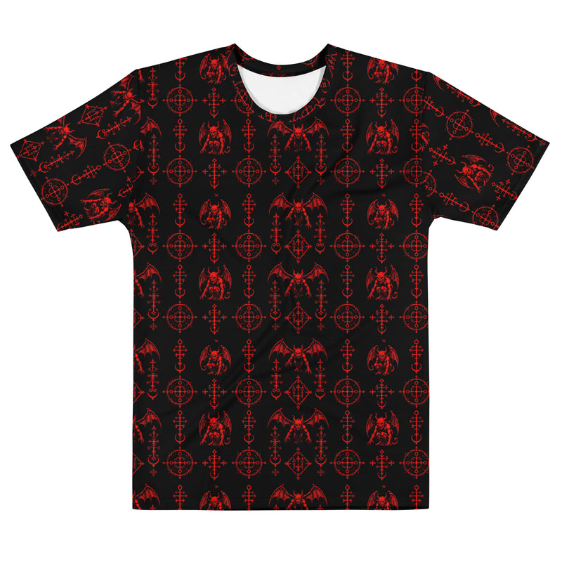 The Sixth Circle Red T-shirt featuring an all-over pattern of winged demons and occult ritual symbols inspired by infernal mythology and demonology.
