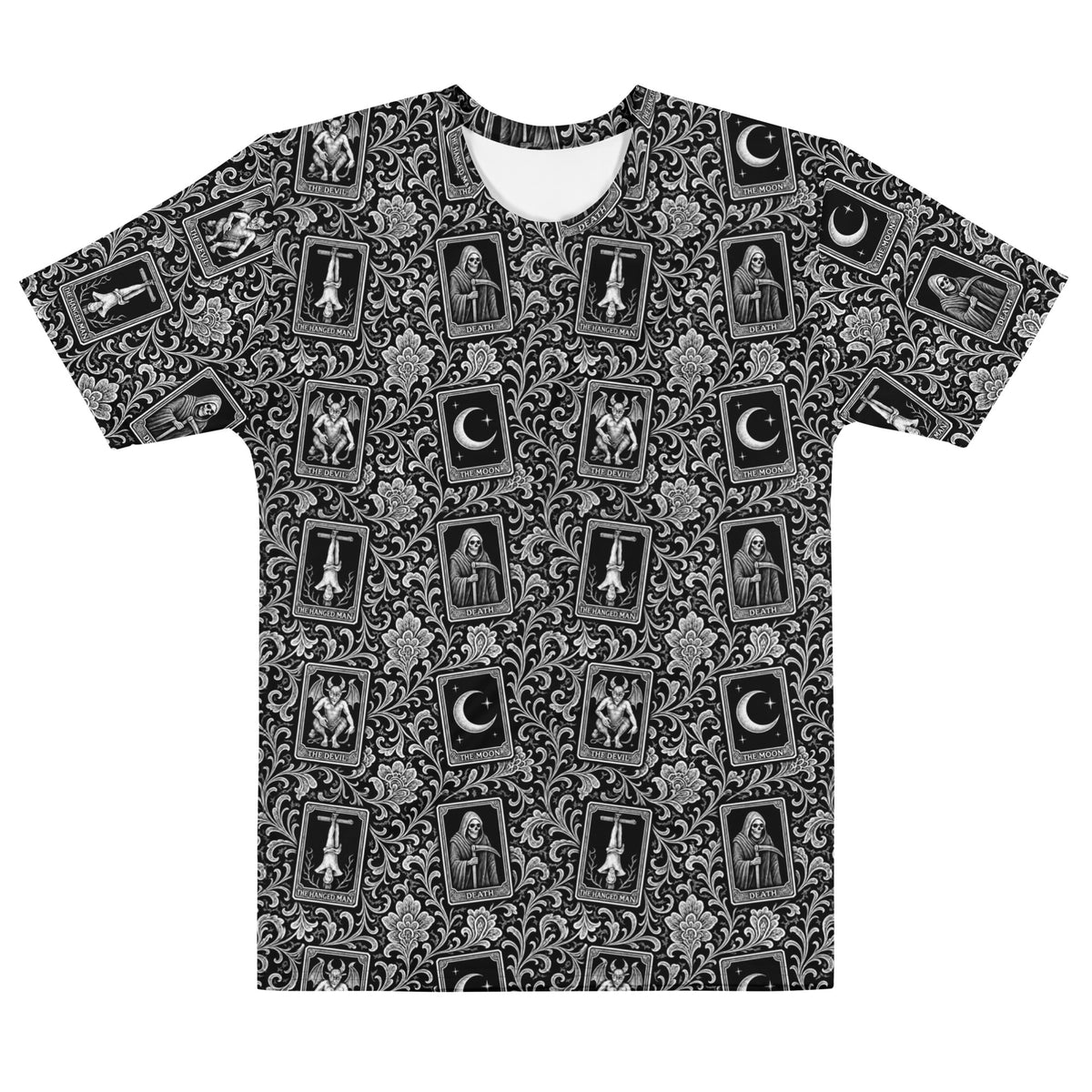 Death's Fortune tarot horror T-shirt featuring The Moon, The Devil, Death and The Hanged Man in an ornate black-and-white occult pattern.