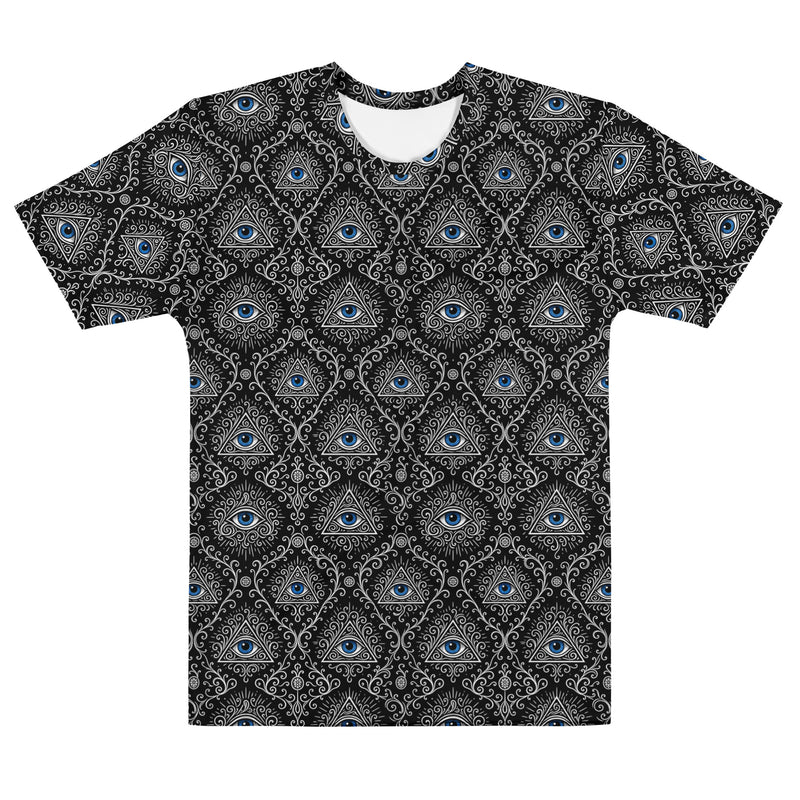 Second Sight psychic eye horror T-shirt featuring electric-blue eyes, black-and-white mystical ornamentation and an all-over occult-inspired pattern.