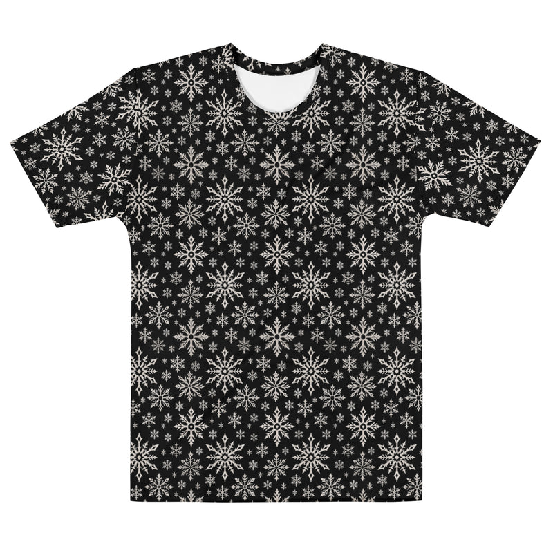 Dead of Winter gothic Christmas T-shirt featuring black and ivory faux-knit snowflakes in a dark ugly sweater-inspired all-over pattern.