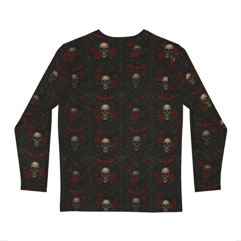 Crimson Mourning long sleeve shirt featuring an all-over Victorian-inspired crimson rose pattern from the Funeral Garden Collection.