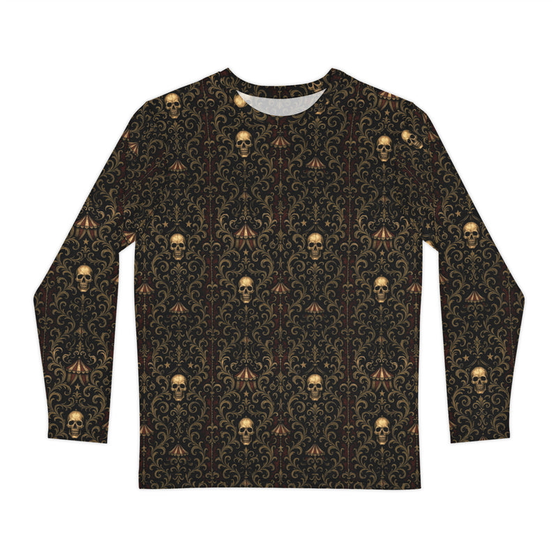 Midway of Death long sleeve shirt featuring an all-over vintage carnival skull pattern inspired by abandoned carnivals and classic Americana horror.