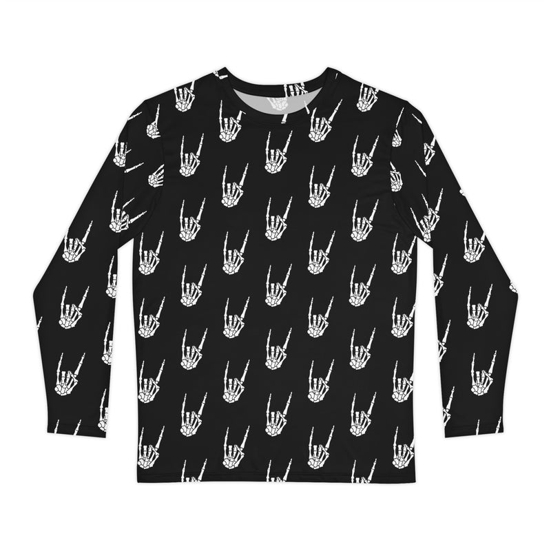 Raise the Devil long sleeve shirt featuring an all-over skeleton hand horns pattern inspired by heavy metal, tattoo culture, and Memento Mori.