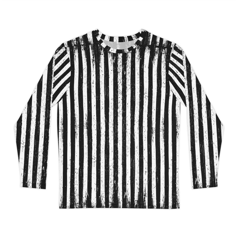 Black Parade long sleeve shirt featuring an all-over black and ivory vertical stripe pattern inspired by haunted carnivals and vintage circus imagery.
