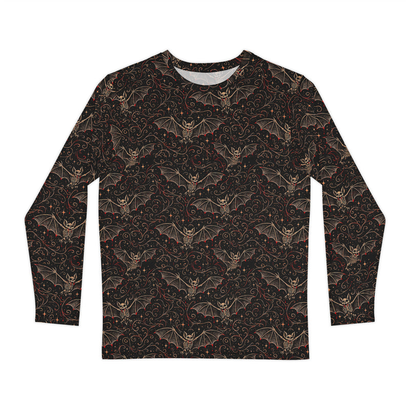 Nocturnal Requiem long sleeve shirt featuring an all-over skeletal vampire bat pattern inspired by Victorian natural history and classic horror.