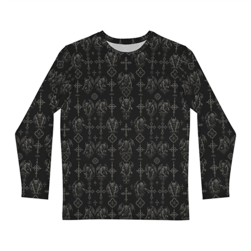 Wardens of Stone long sleeve shirt featuring an all-over gargoyle pattern inspired by medieval cathedrals, demonology, and classic horror.