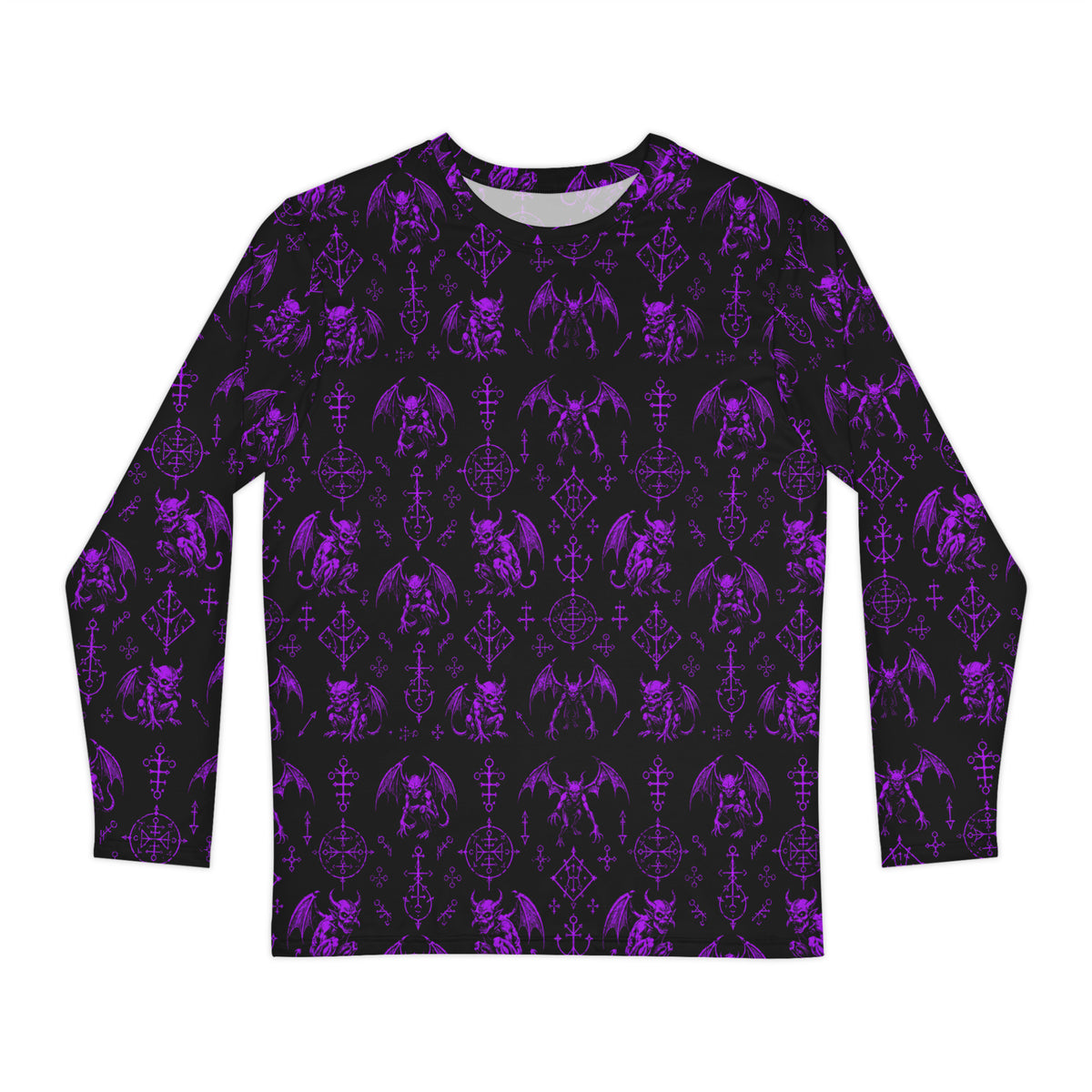 The Fifth Circle Purple long sleeve shirt featuring an all-over infernal winged creature pattern inspired by Dante's Inferno and medieval demonology.