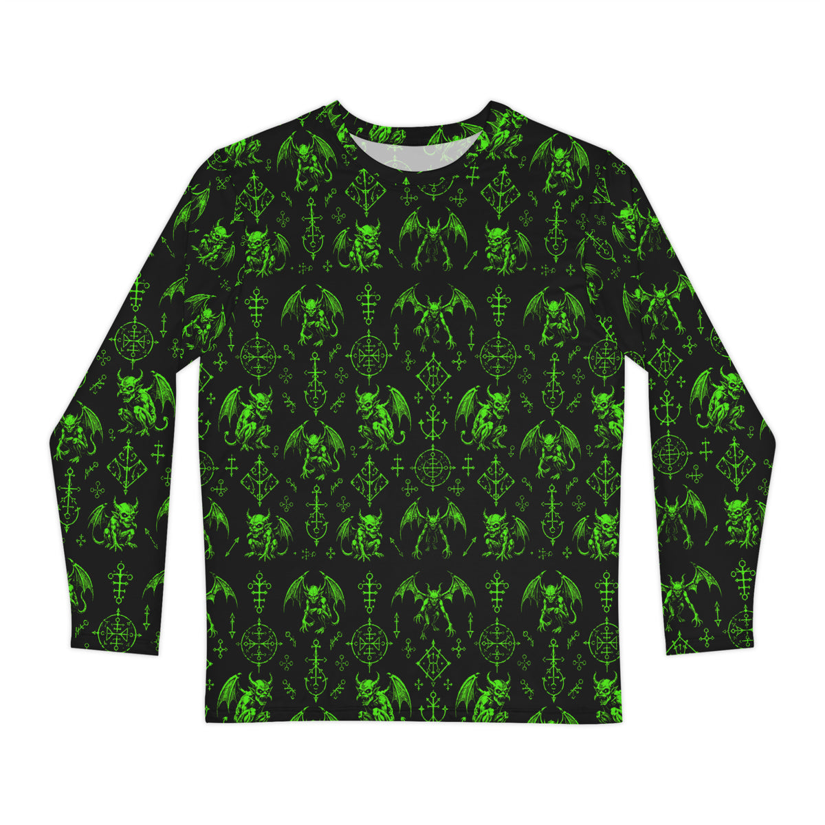 The Fifth Circle Green long sleeve shirt featuring an all-over infernal winged creature pattern inspired by Dante's Inferno and medieval demonology.