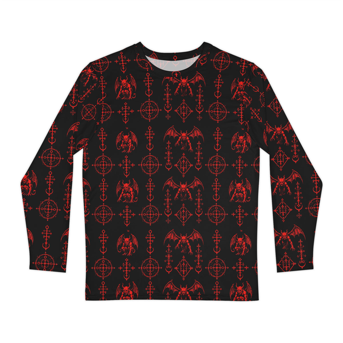 The Sixth Circle Red long sleeve shirt featuring an all-over Hellspawn Guardian inspired by Dante's Inferno, medieval demonology, and occult horror.