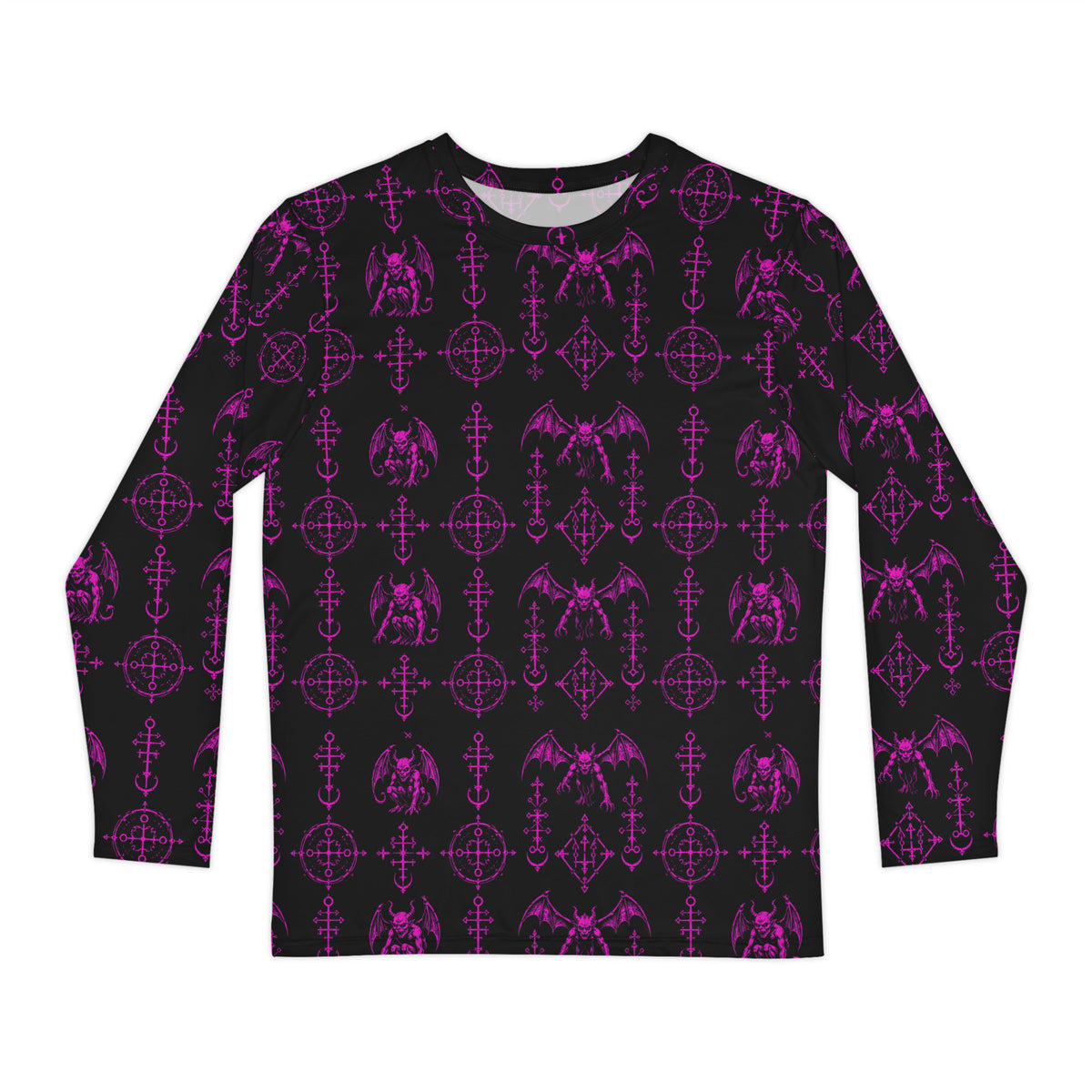 The Sixth Circle Pink long sleeve shirt featuring an all-over Hellspawn Guardian inspired by Dante's Inferno, medieval demonology, and occult horror.