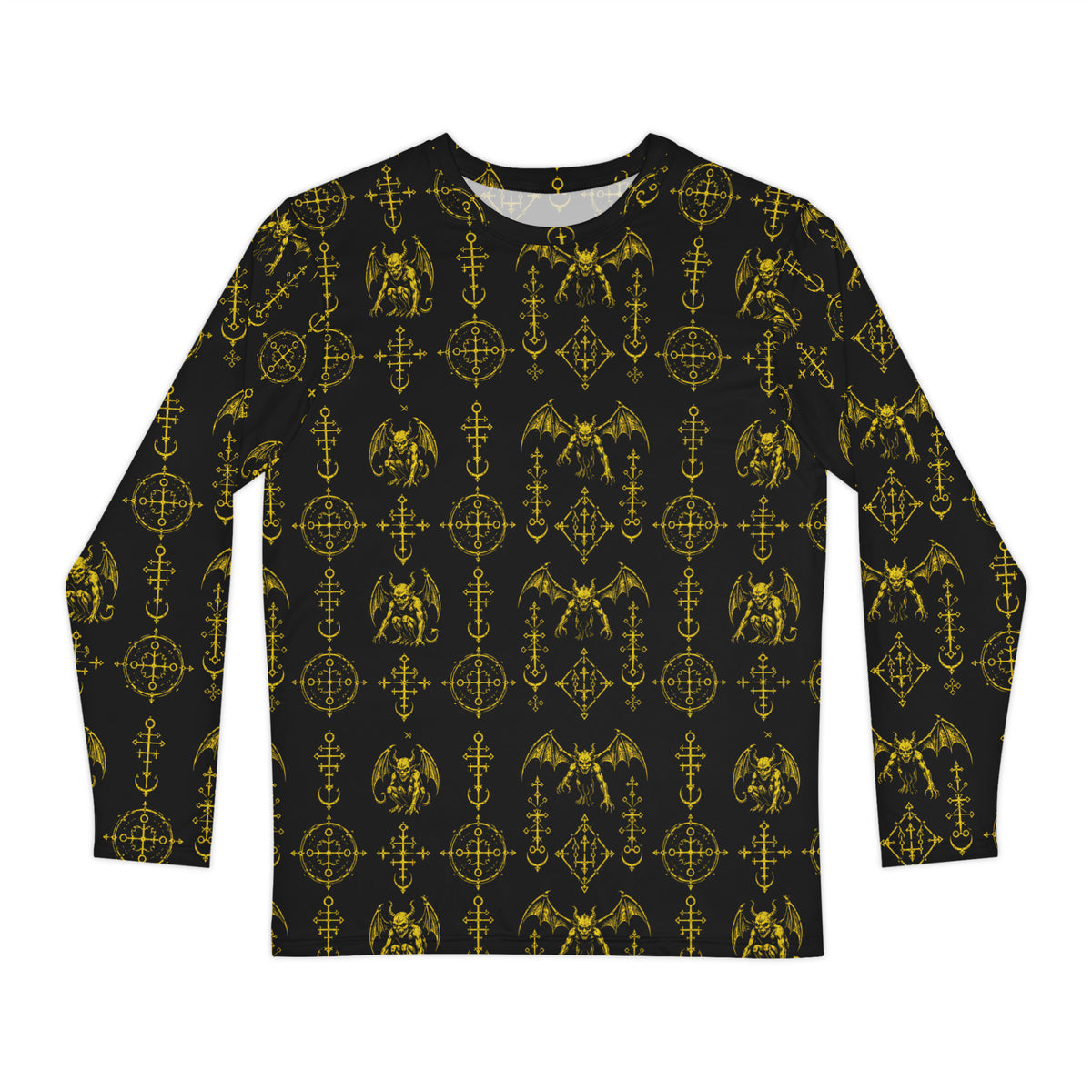 The Sixth Circle Yellow long sleeve shirt featuring an all-over Hellspawn Guardian inspired by Dante's Inferno, medieval demonology, and occult horror.