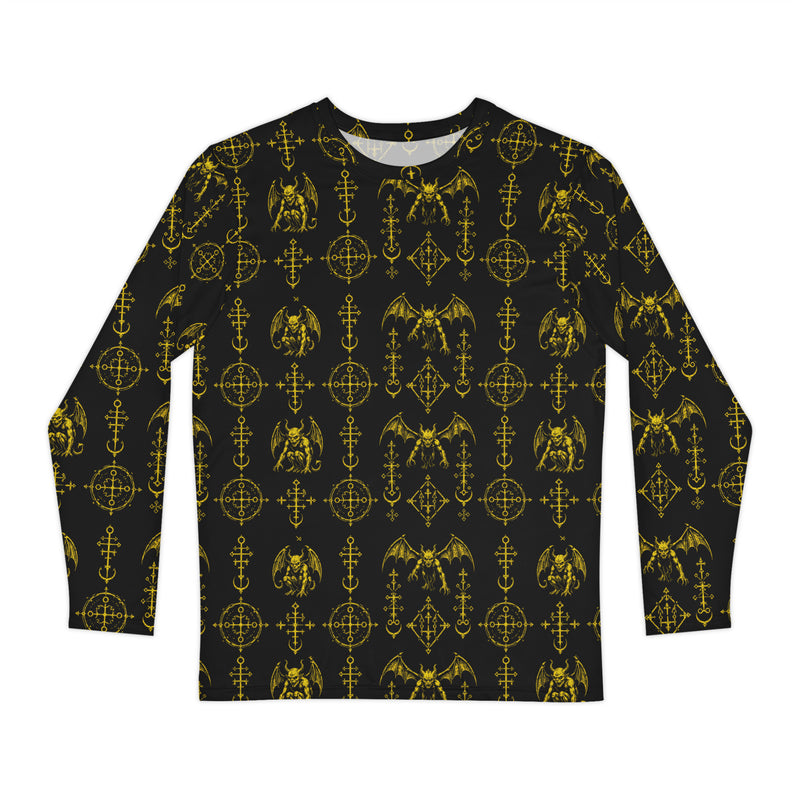 The Sixth Circle Yellow long sleeve shirt featuring an all-over Hellspawn Guardian inspired by Dante's Inferno, medieval demonology, and occult horror.