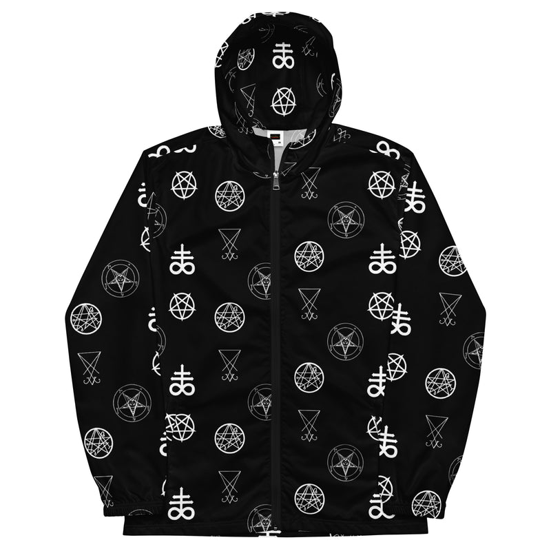 Infernal Sigils hooded windbreaker featuring an all-over occult symbol pattern inspired by ceremonial magic, ancient grimoires, and demonology.