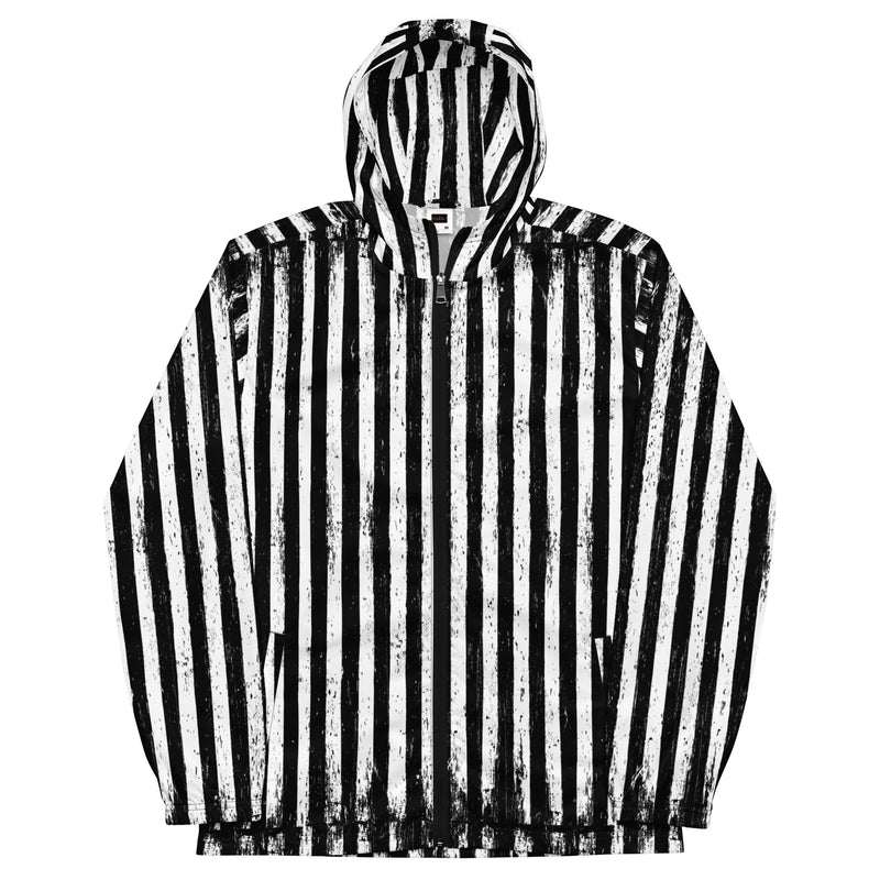 Black Parade hooded windbreaker featuring an all-over black-and-white striped pattern inspired by vintage carnivals, haunted circuses, and classic horror.