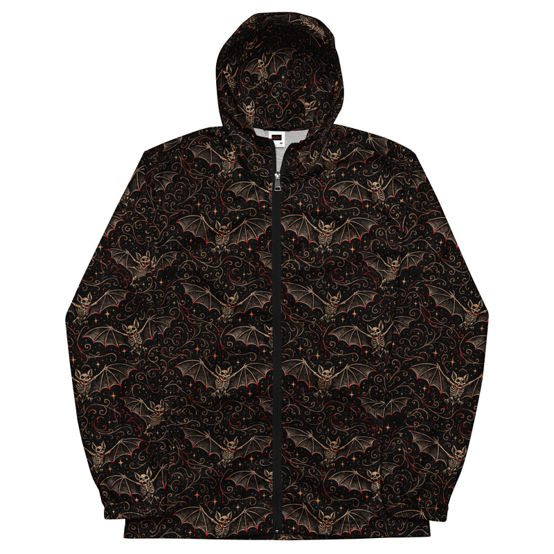 Nocturnal Requiem hooded windbreaker featuring an all-over vampire bat pattern inspired by moonlit forests and classic horror.