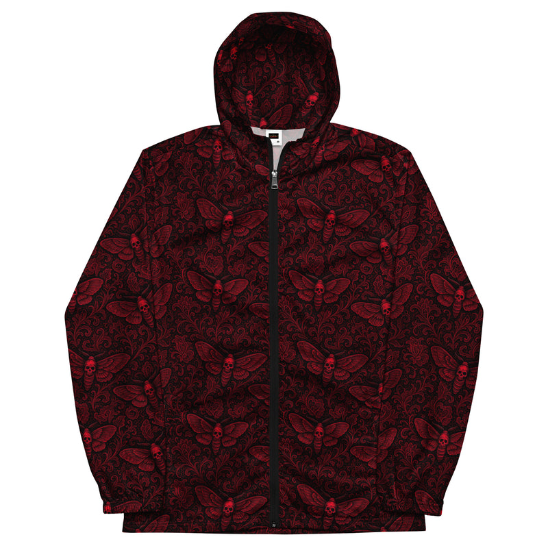 Red Soul's Messenger hooded windbreaker featuring an all-over death moth pattern inspired by memento mori symbolism and classic horror.