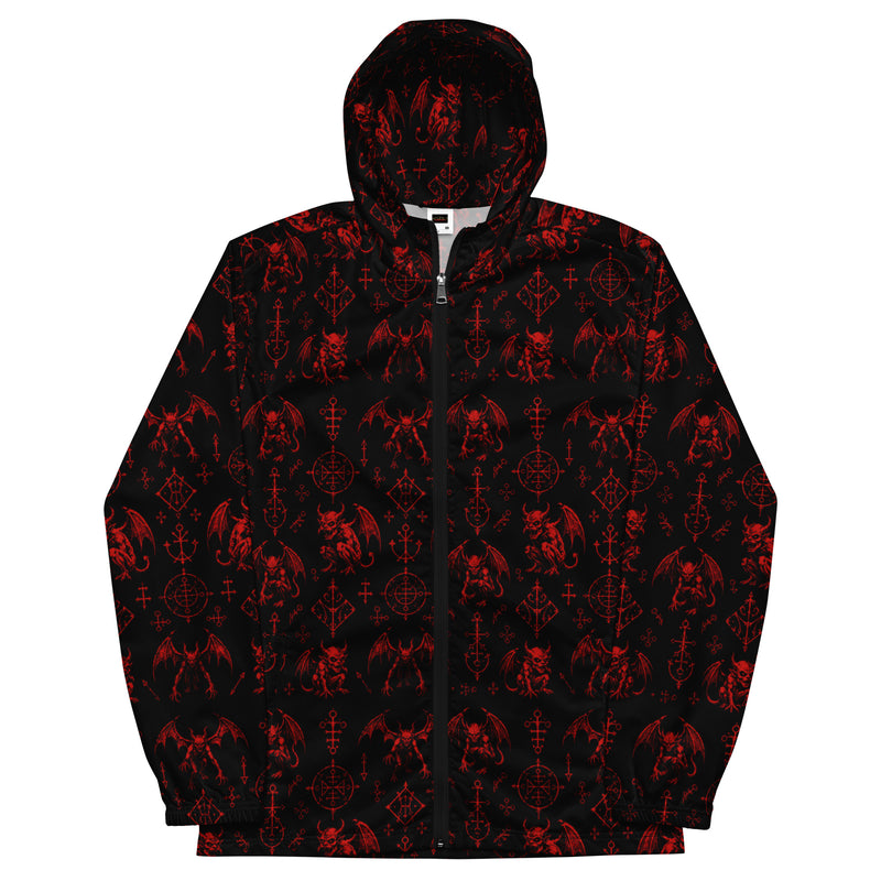 Red Fifth Circle hooded windbreaker featuring an all-over infernal demon pattern inspired by occult folklore and classic horror.