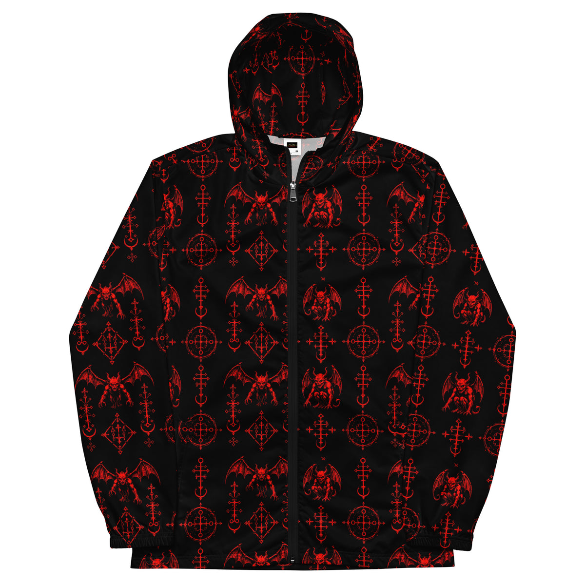 Red Sixth Circle hooded windbreaker featuring an all-over infernal demon pattern inspired by occult mythology and supernatural horror.
