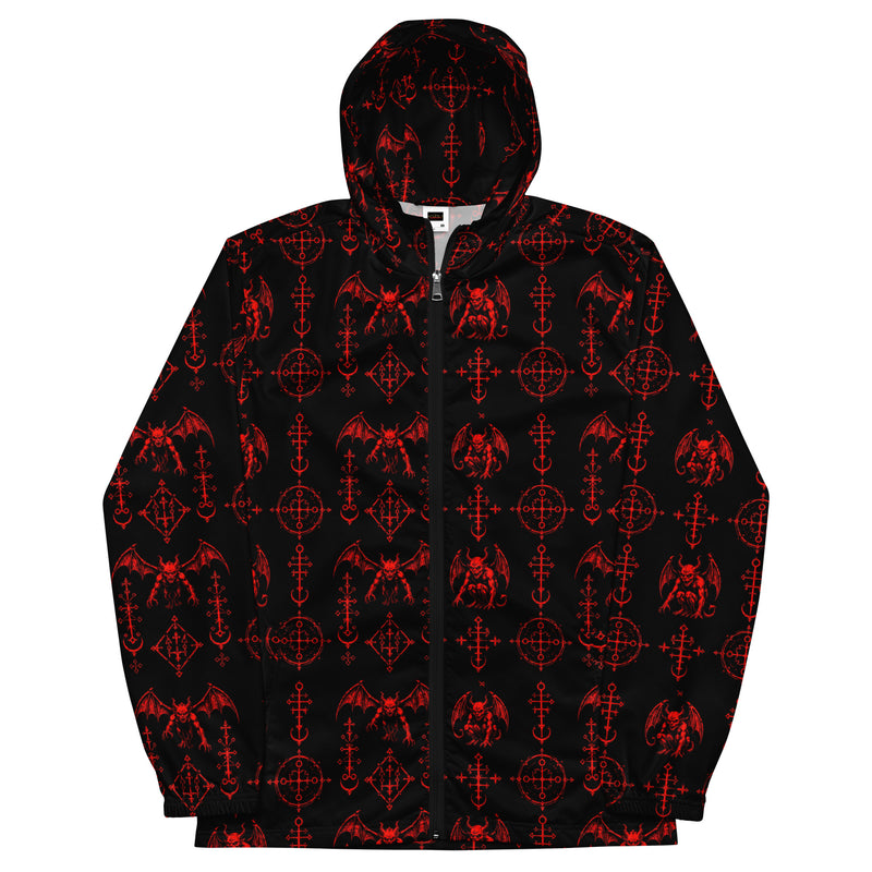Red Sixth Circle hooded windbreaker featuring an all-over infernal demon pattern inspired by occult mythology and supernatural horror.