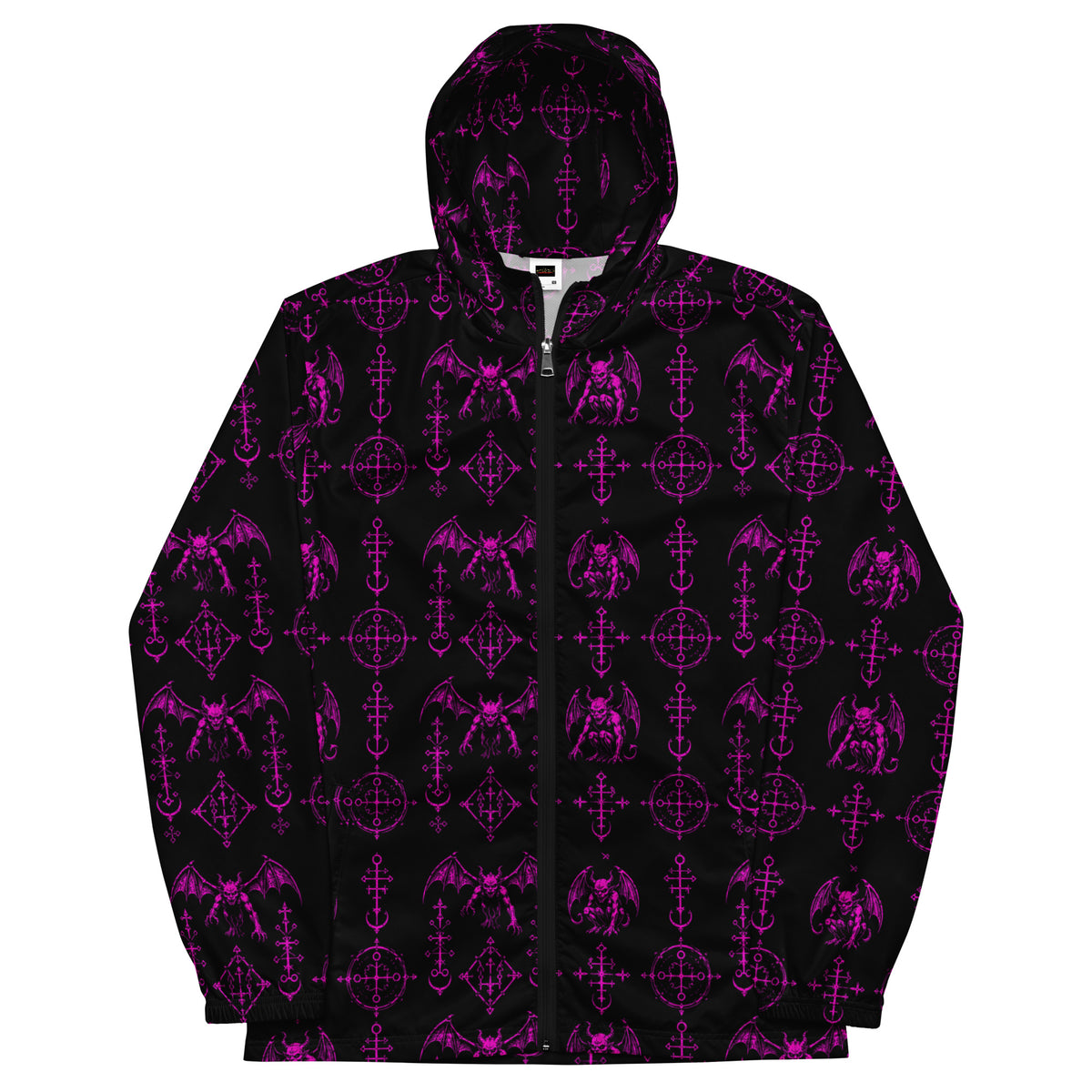 Pink Sixth Circle hooded windbreaker featuring an all-over infernal demon pattern inspired by occult mythology and supernatural horror.