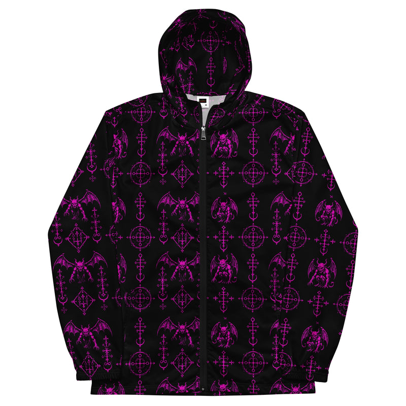 Pink Sixth Circle hooded windbreaker featuring an all-over infernal demon pattern inspired by occult mythology and supernatural horror.