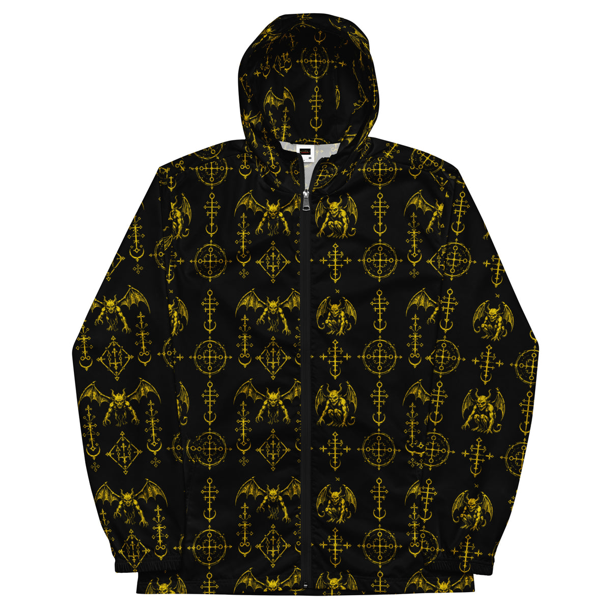 Yellow Sixth Circle hooded windbreaker featuring an all-over infernal demon pattern inspired by occult mythology and supernatural horror.