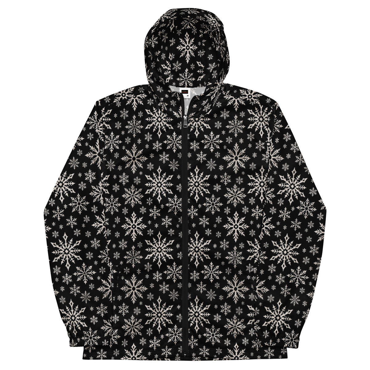 Dead of Winter gothic Christmas windbreaker featuring black and ivory faux-knit snowflakes in a dark ugly sweater-inspired all-over pattern.