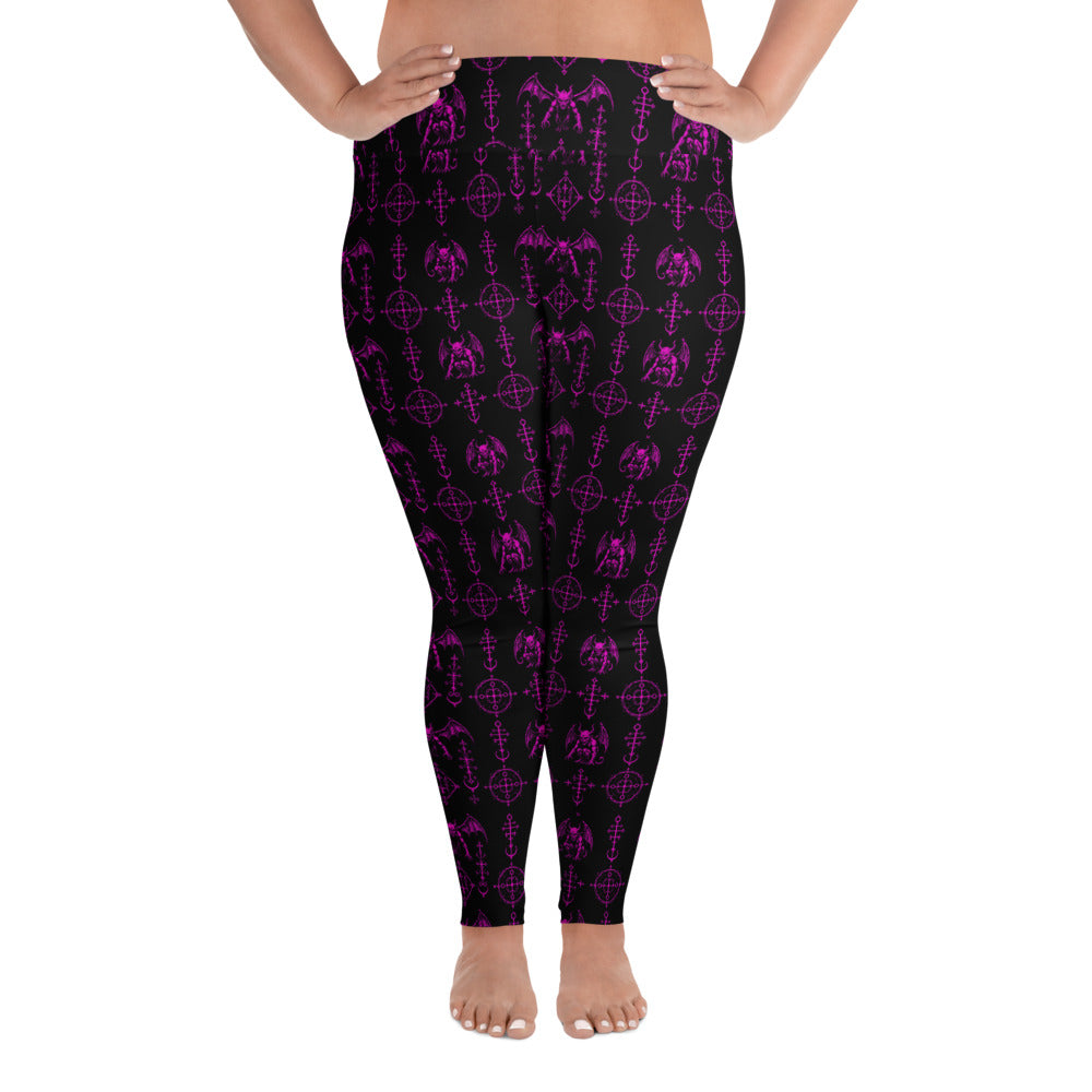 The Sixth Circle Pink plus size leggings featuring an all-over demon and hellfire horror pattern from the Demonology collection.