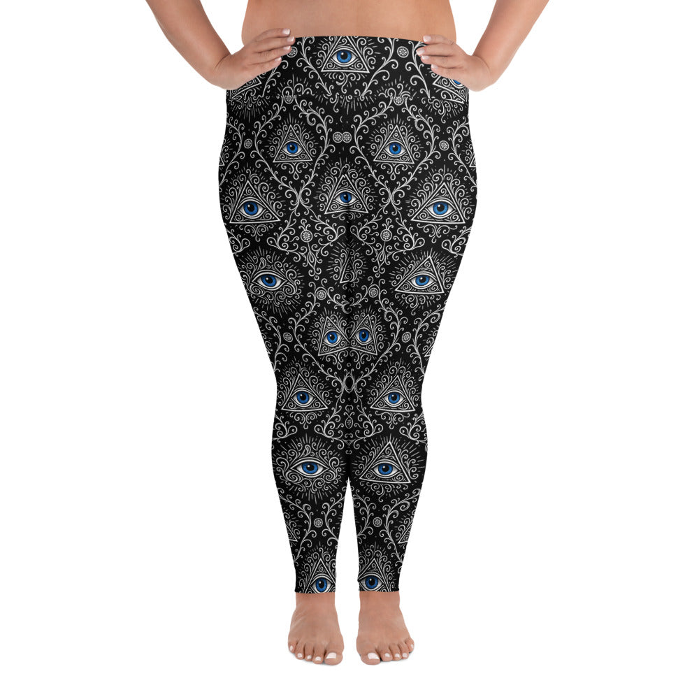 Second Sight plus size psychic eye leggings featuring electric-blue eyes, black-and-white mystical ornamentation and an all-over occult-inspired pattern.
