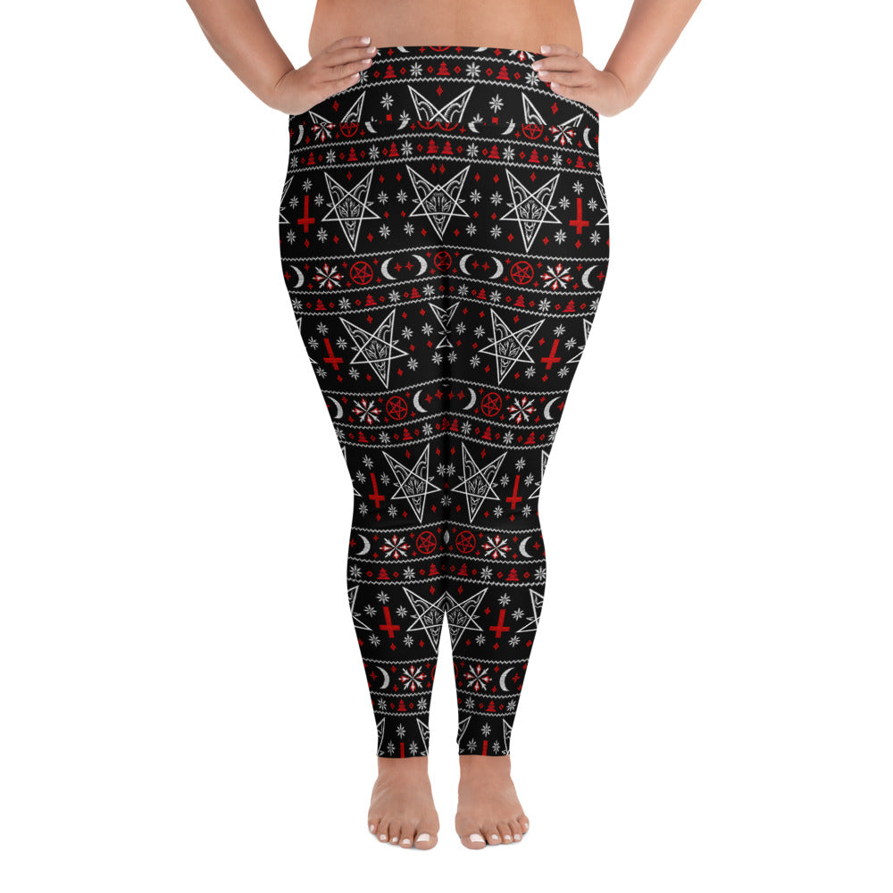 Hail Santa plus size satanic Christmas leggings featuring Baphomet, inverted crosses, pentagrams, crescent moons and red and white faux-knit holiday motifs.