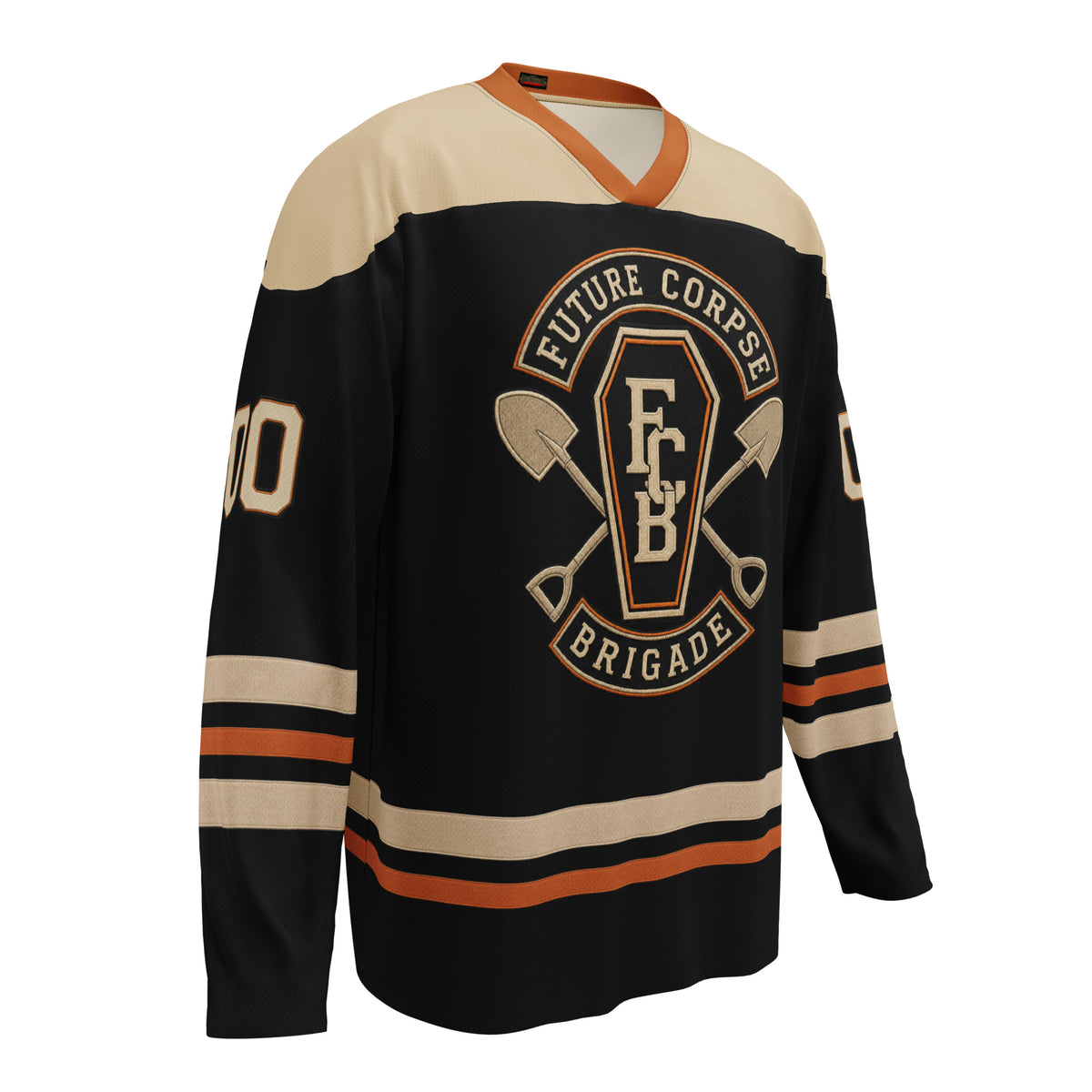 Future Corpse Brigade horror hockey jersey featuring a vintage coffin crest, athletic striping, and all-over printed design.