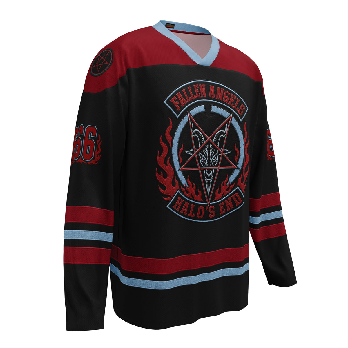 Fallen Angels: Halo's End horror hockey jersey featuring a Baphomet crest, inverted pentagram, and vintage athletic styling.